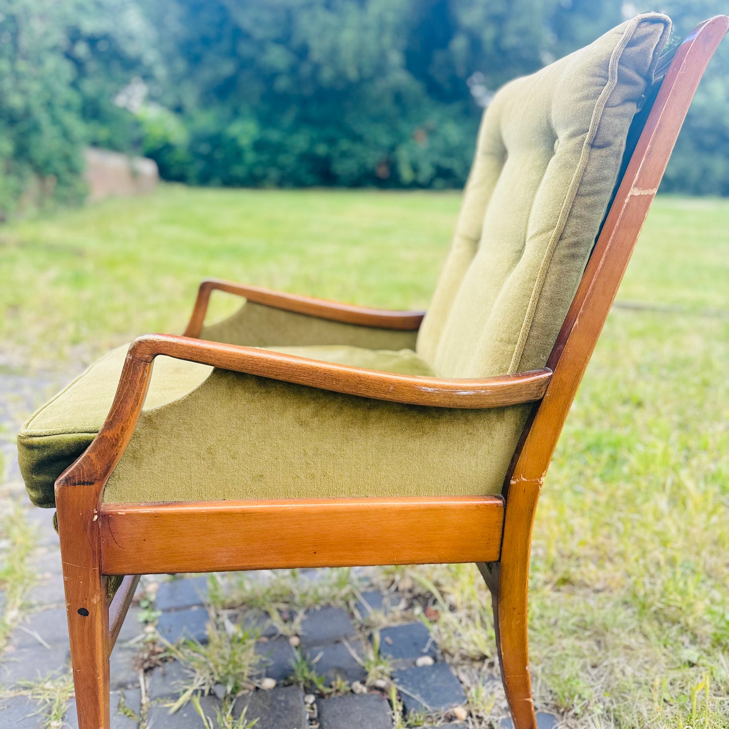 Original Mid 20th Century Cintique Armchair in Moss Green Velvet