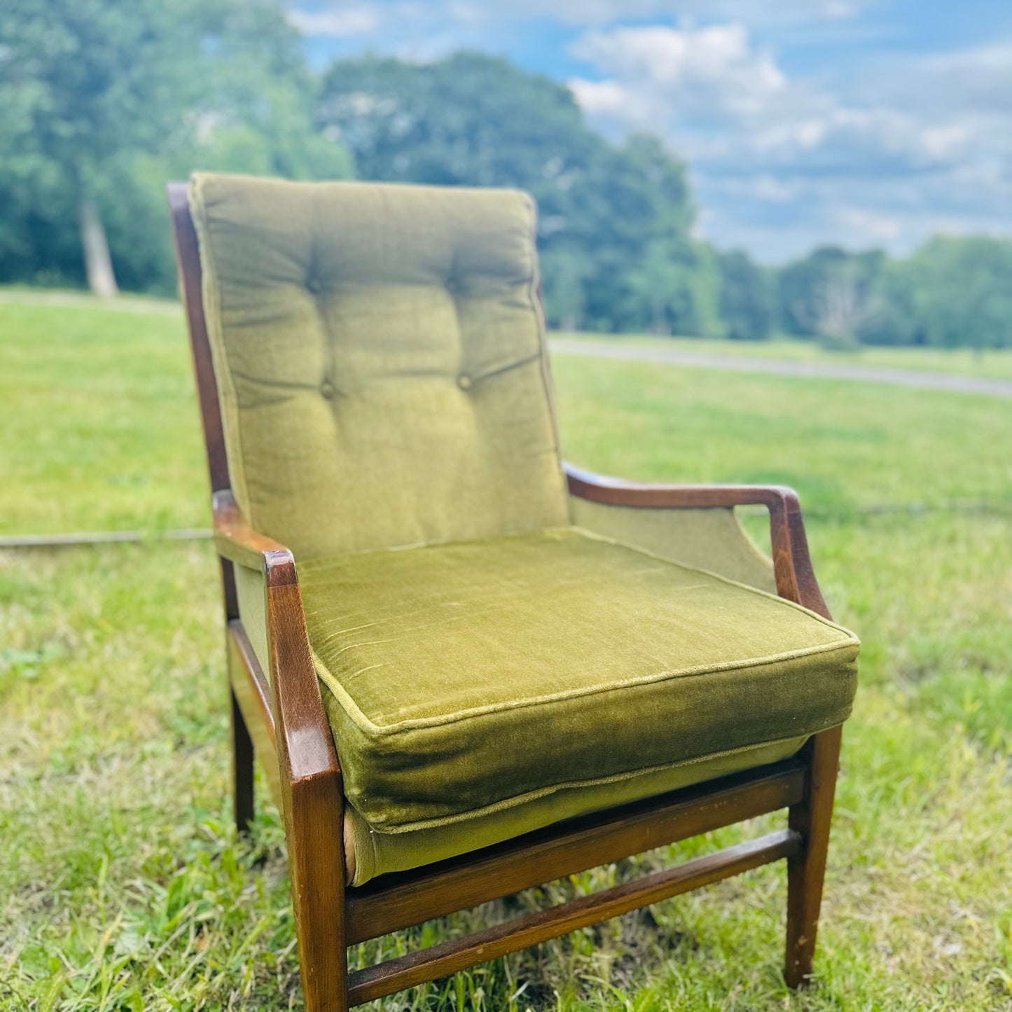 Original Mid 20th Century Cintique Armchair in Moss Green Velvet