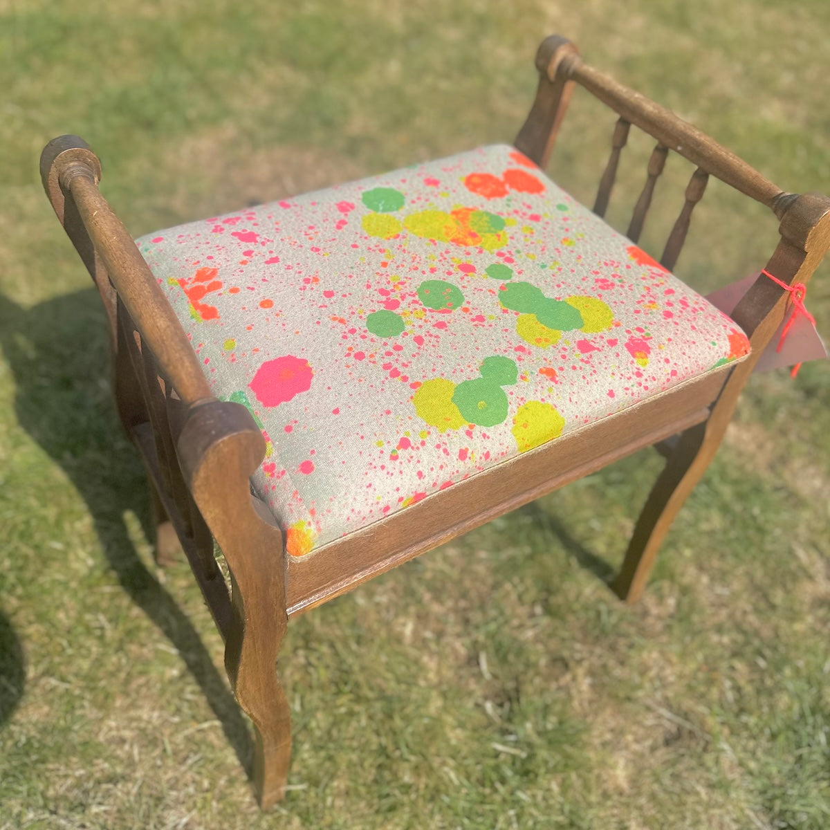 Upcycled Vintage Piano Stool with storage in sustainable splatter organic cotton