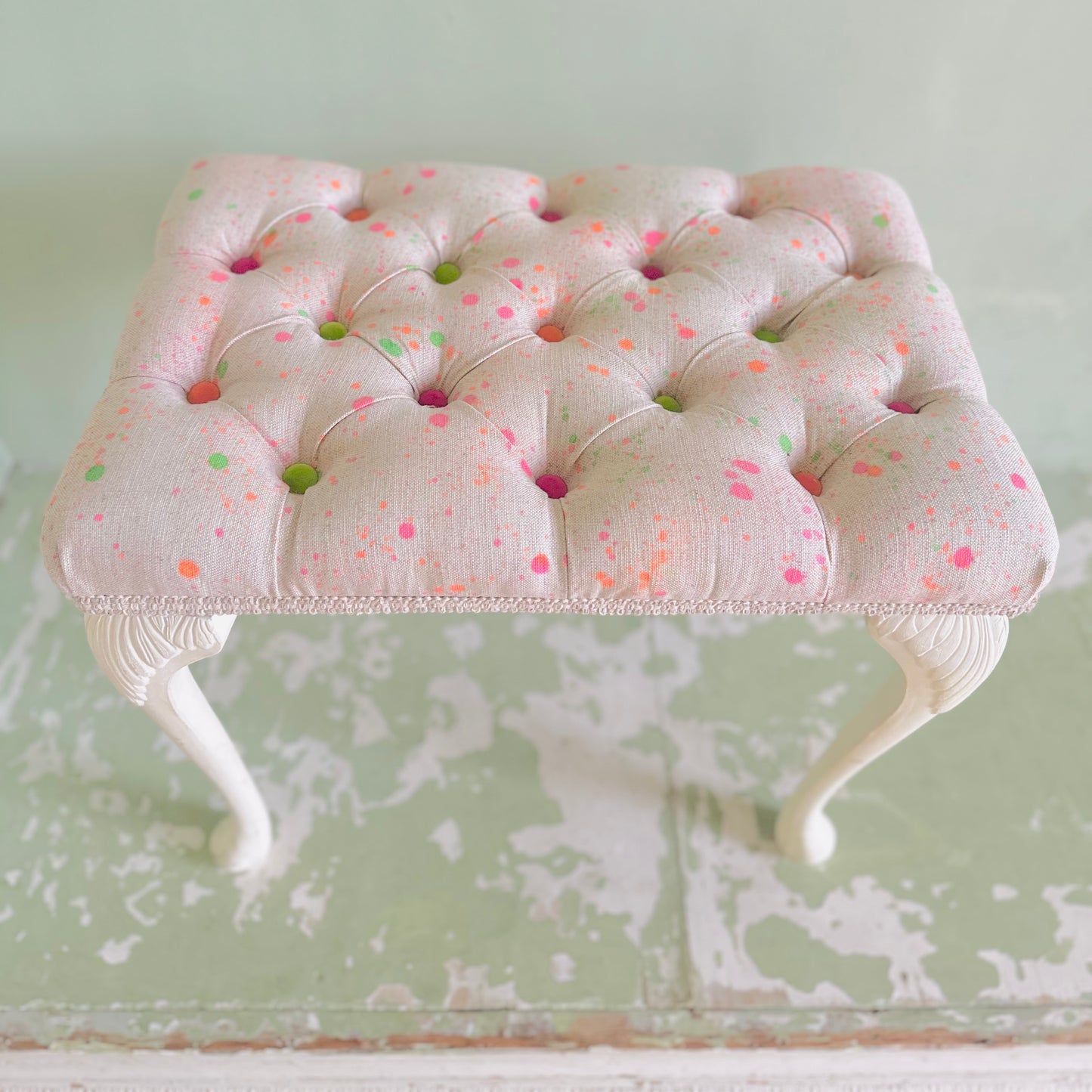 Upholstered Sherborne Stool in Sustainable Linen Splatter fabric