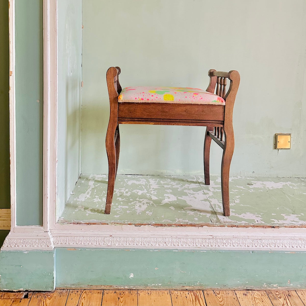 Upcycled Vintage Piano Stool with storage in sustainable splatter organic cotton