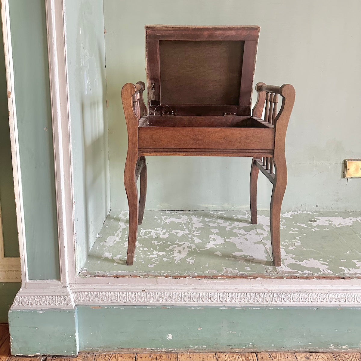 Upcycled Vintage Piano Stool with storage in sustainable splatter organic cotton