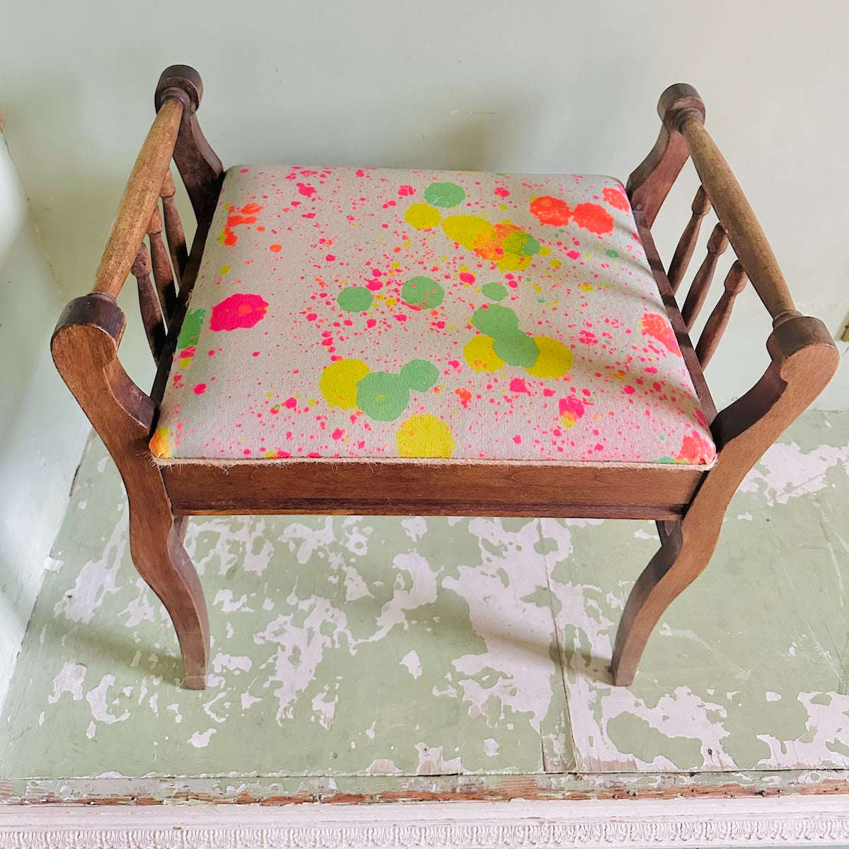 Upcycled Vintage Piano Stool with storage in sustainable splatter organic cotton