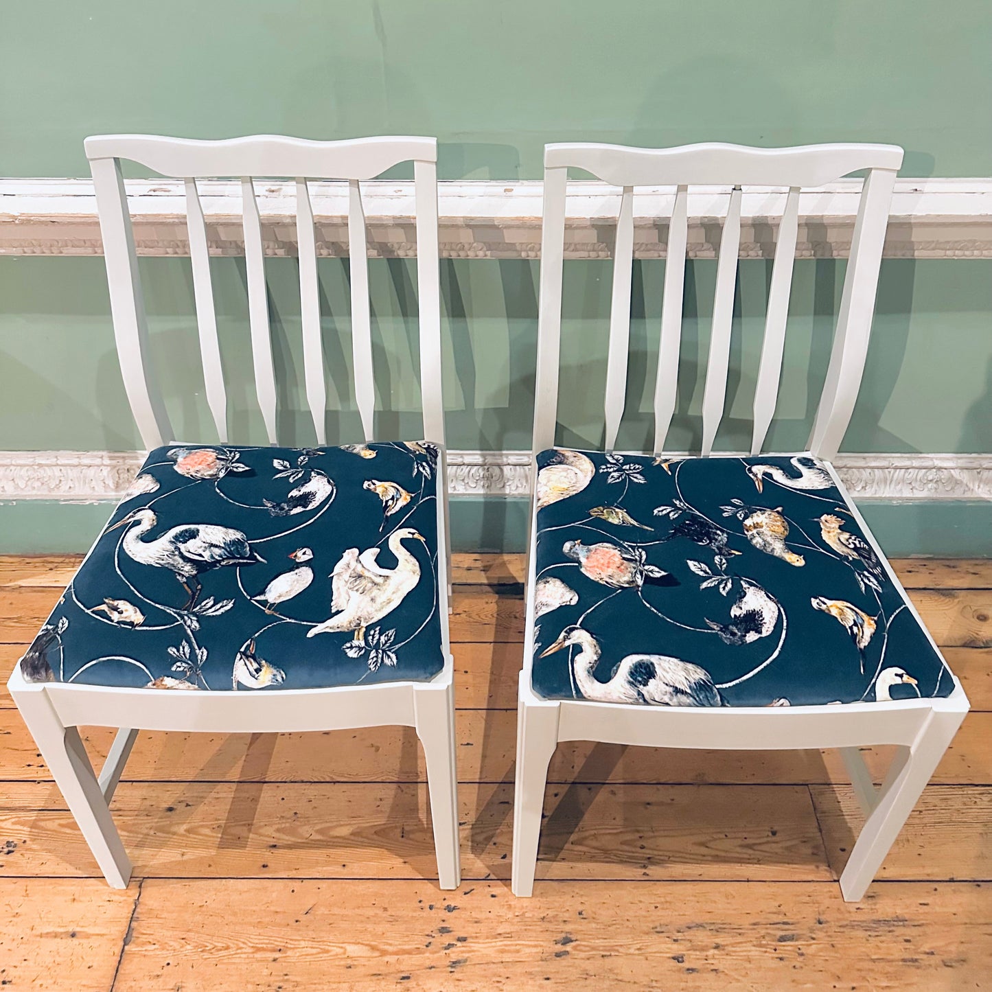 Vintage Stag Set of 2 Dining Chairs newly upholstered in House of Hackney fabric