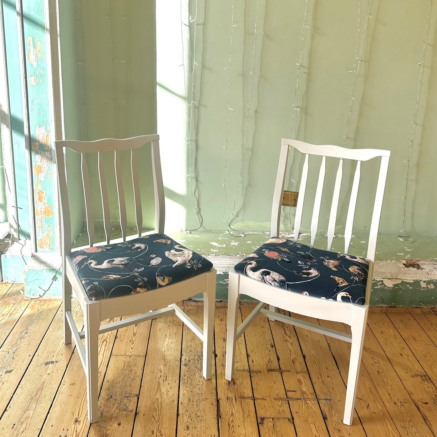 Vintage Stag Set of 2 Dining Chairs newly upholstered in House of Hackney fabric