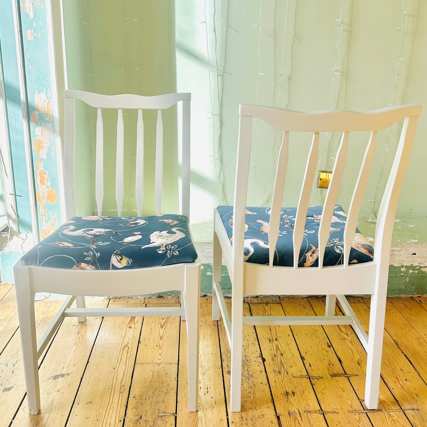 Vintage Stag Set of 2 Dining Chairs newly upholstered in House of Hackney fabric