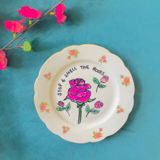 “Stop & Smell the Roses” Vintage Plate